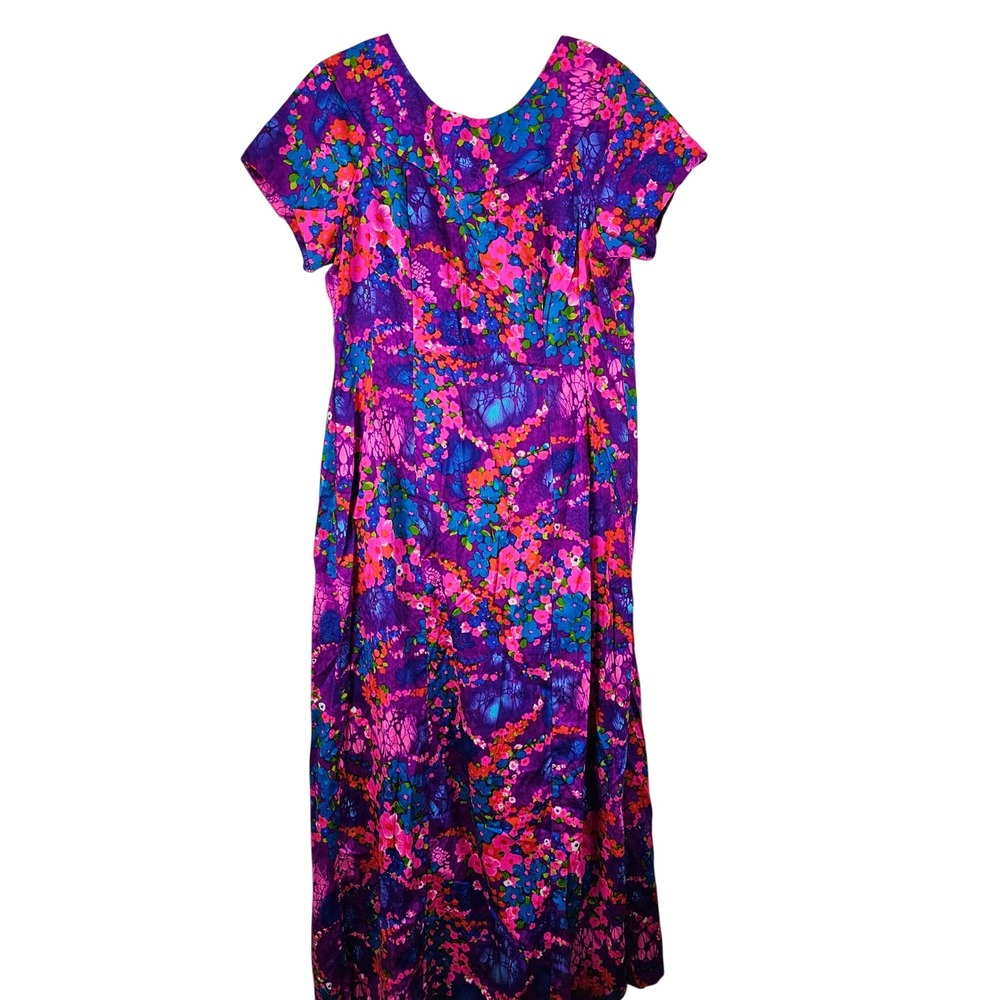 Vintage 70s Made in Hawaii Maxi Dress Floral Muumuu Purple Pink Size 20 Kaftan